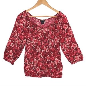 Lucky Brand Red and Pink Rose Peasant Top Size S